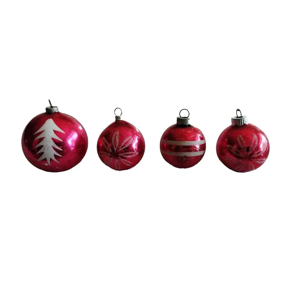 Vtg 4x Red Mercury Glass Christmas Ornament Mica Glitter 1.75-2.25
